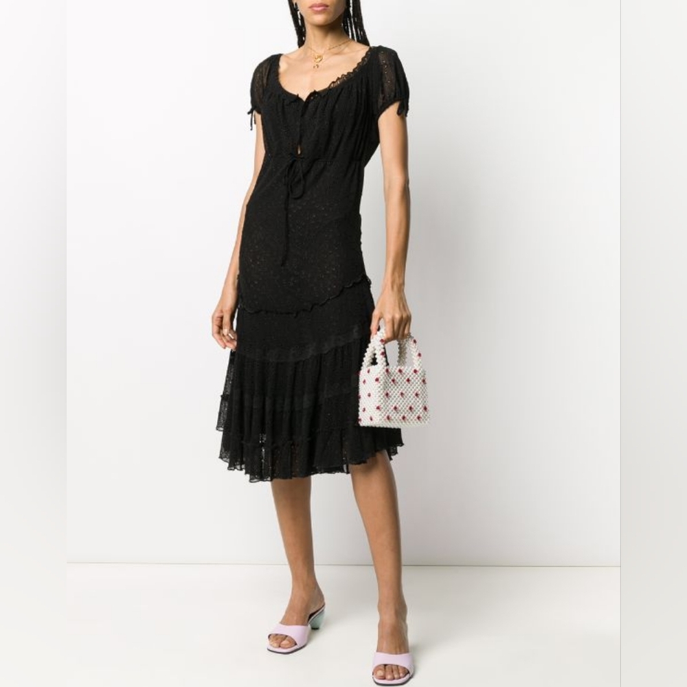 Vtg JPG Jean Paul Gaultier Scoop Neck Black Eyelet Lace Ruffle Midi Dress Sz L